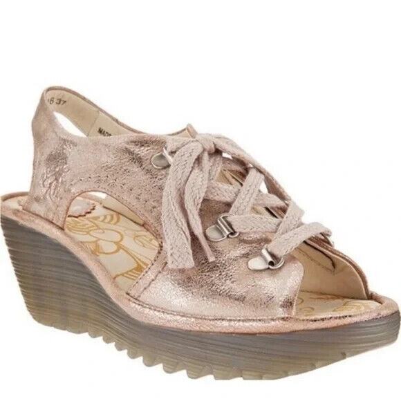 Fly London YLFA Luna Wedge Sandal Metallic Blush Pink Tinted Tan Gold 38… - Picture 1 of 8